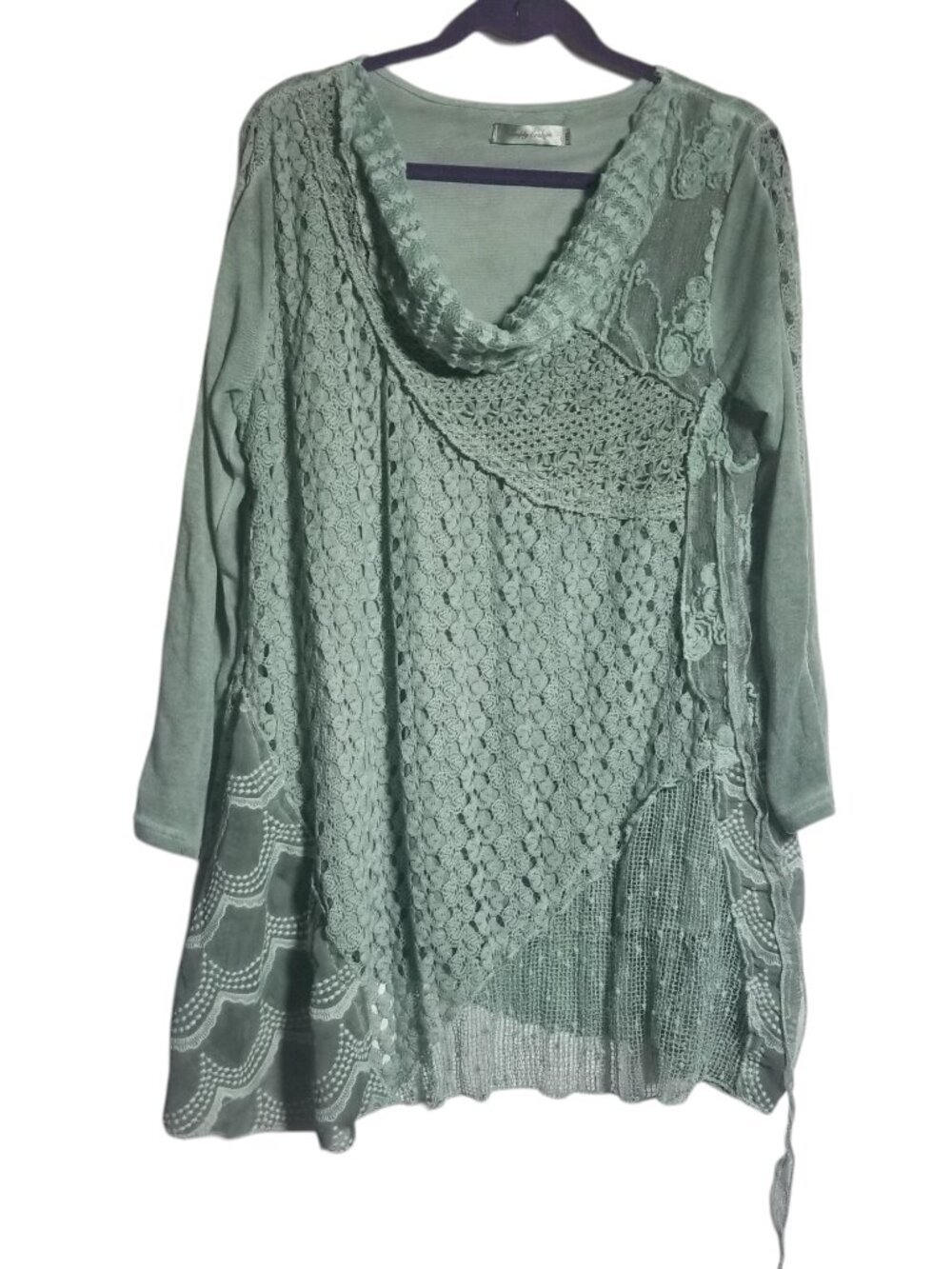 Simply Couture Women's Cowl Neck Forest Green Lagenlook Crochet Lace Tunic Sz 3X